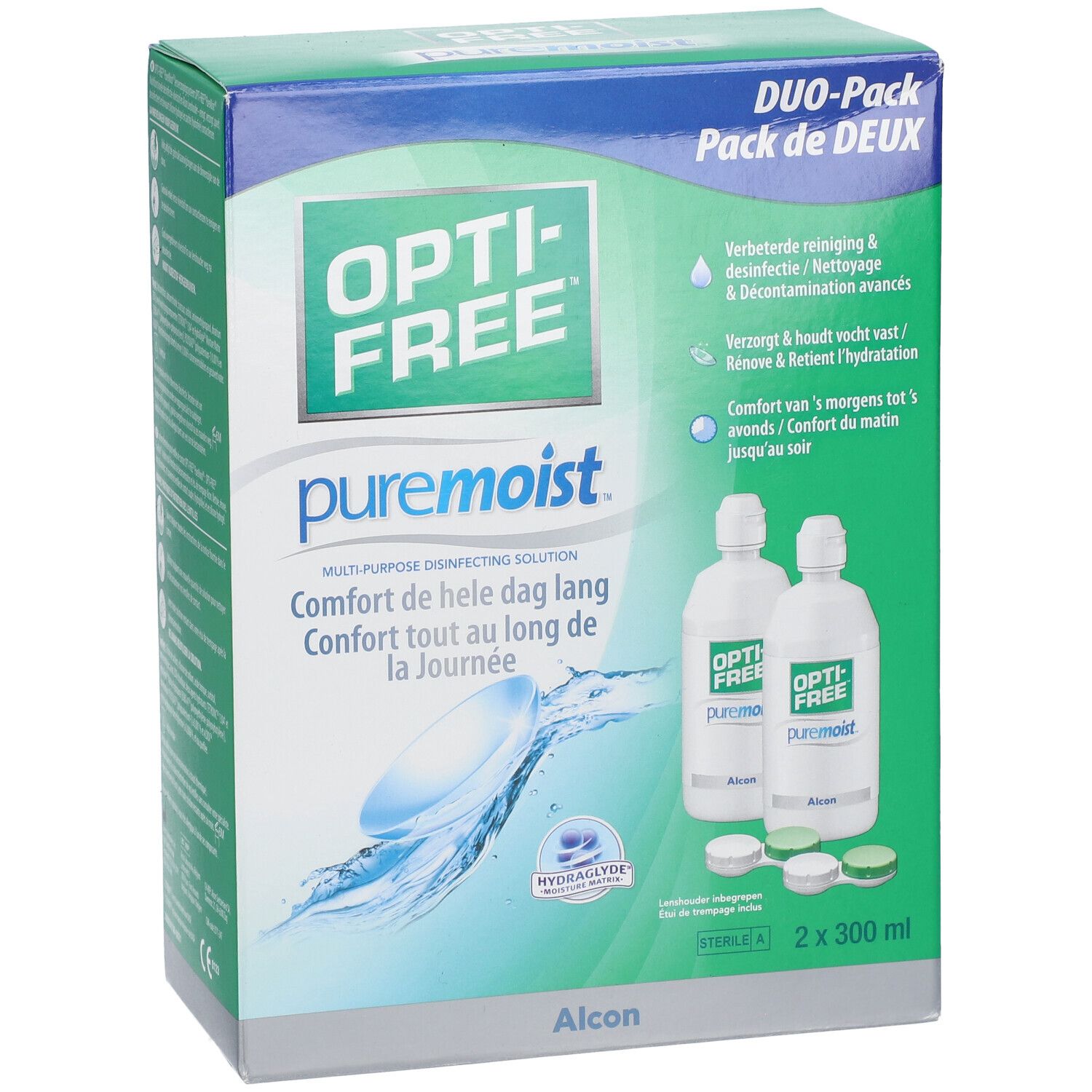Emballage OPTI-FREE PureMoist DUO-Pack. Contient deux flacons et des étuis pour lentilles. Texte : "Multi-Purpose Disinfecting Solution".