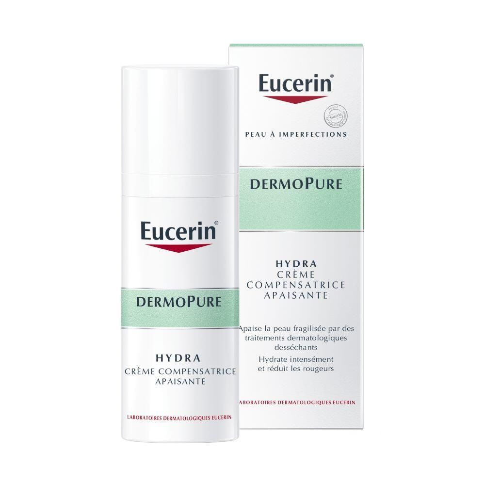 Eucerin DermoPure Hydra crème et emballage. Produit blanc avec des accents verts. Texte: Hydra, Crème Compensatrice Apaisante.