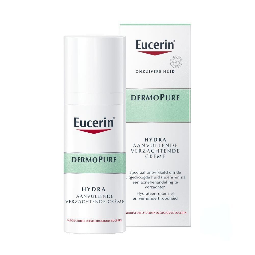 Eucerin DermoPure Hydra crème en verpakking. Wit product met groene accenten. Tekst: Hydra, Aanvullende Verzachtende Crème.