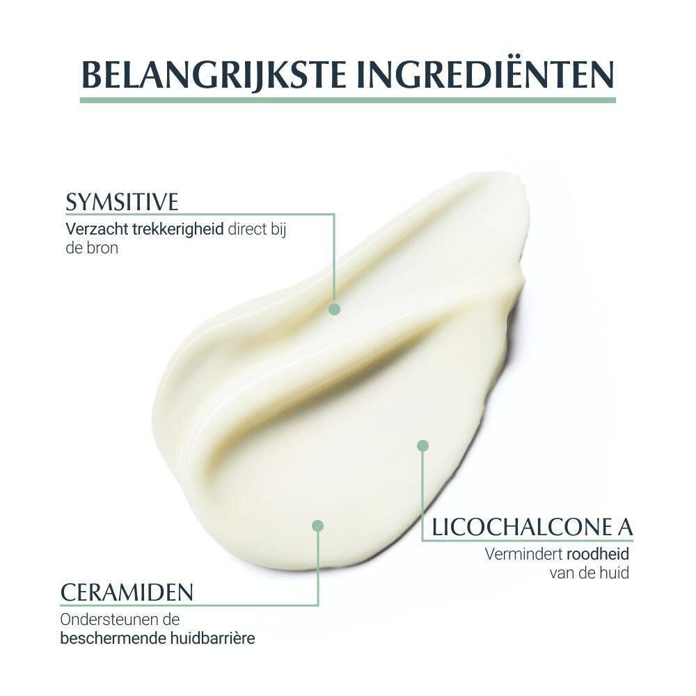 Infographic met ingrediënten. Symsitive, Licochalcone A, Ceramiden. Tekst: Belangrijkste ingrediënten. Crèmetextuur.