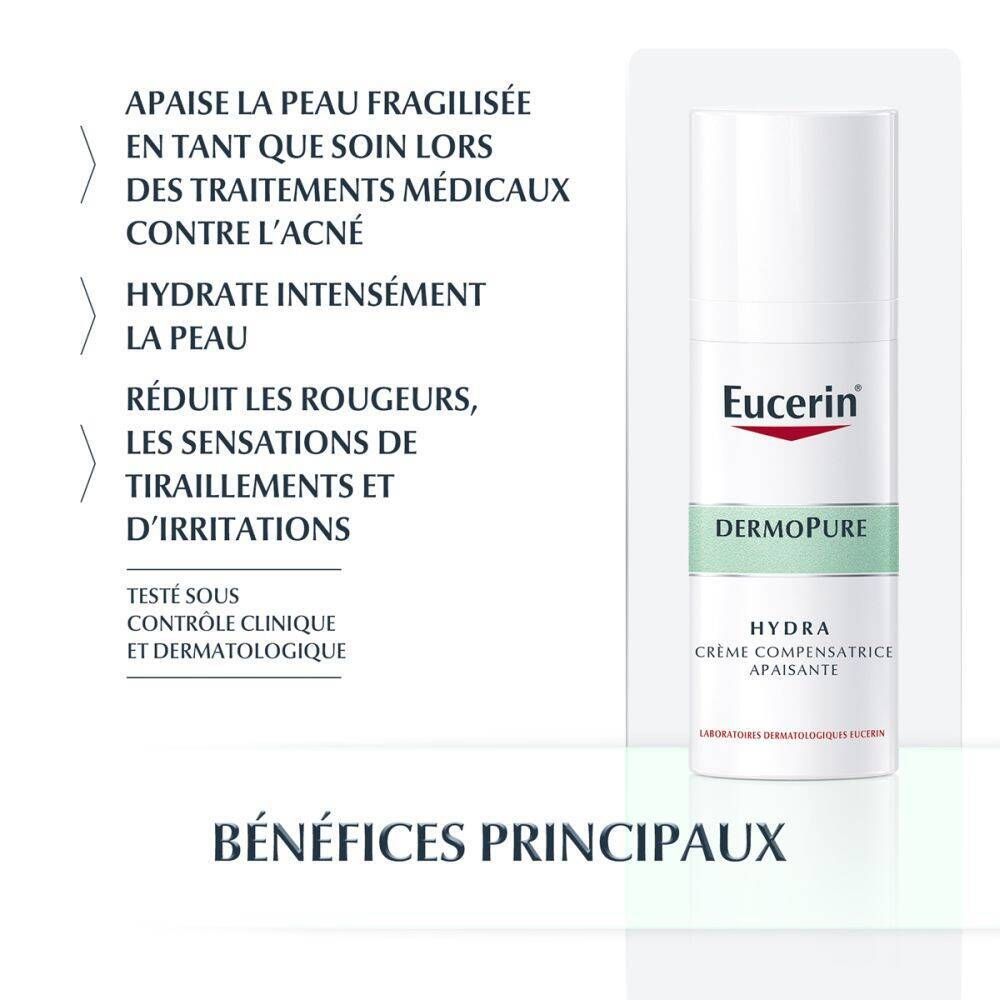Eucerin DermoPure Hydra crème. Texte: Apaise la peau, hydrate intensément, réduit les rougeurs. Testé sous contrôle dermatologique.
