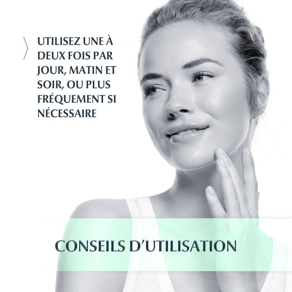 Femme touchant son visage. Texte: Une à deux fois par jour, matin et soir, ou plus fréquemment. Texte: Conseils d'utilisation.