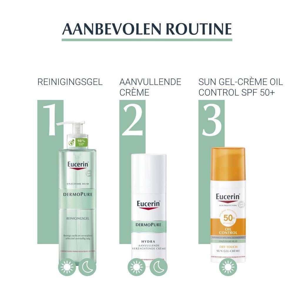 Aanbevolen routine. Producten: Reinigingsgel, Hydra Crème, Sun Gel-Crème Oil Control SPF50+. Tekst: Aanbevolen routine.