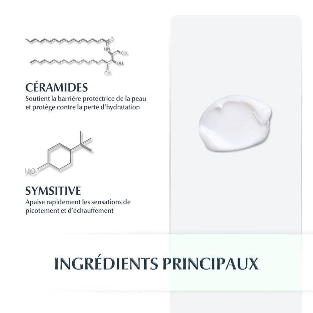 Infographie avec ingrédients. Céramides, Symsitive. Texte: Ingrédients principaux. Texture crème.