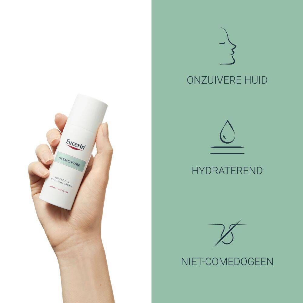 Hand houdt Eucerin DermoPure Hydra crème vast. Tekst: Onzuivere huid, hydrateert, niet-comedogeen.