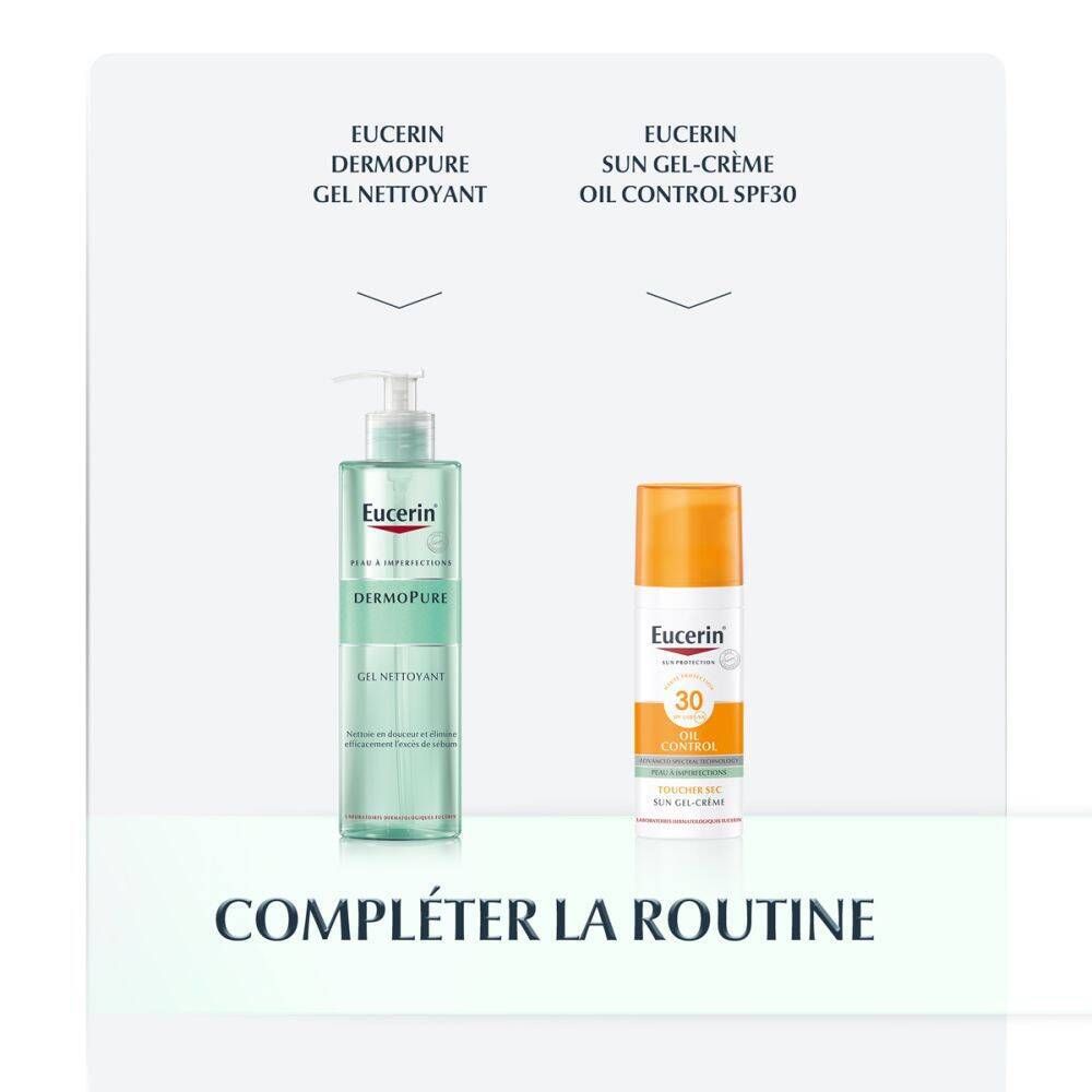Produits Eucerin: DermoPure Gel Nettoyant et Sun Gel-Crème Oil Control SPF30. Texte: Compléter la routine.
