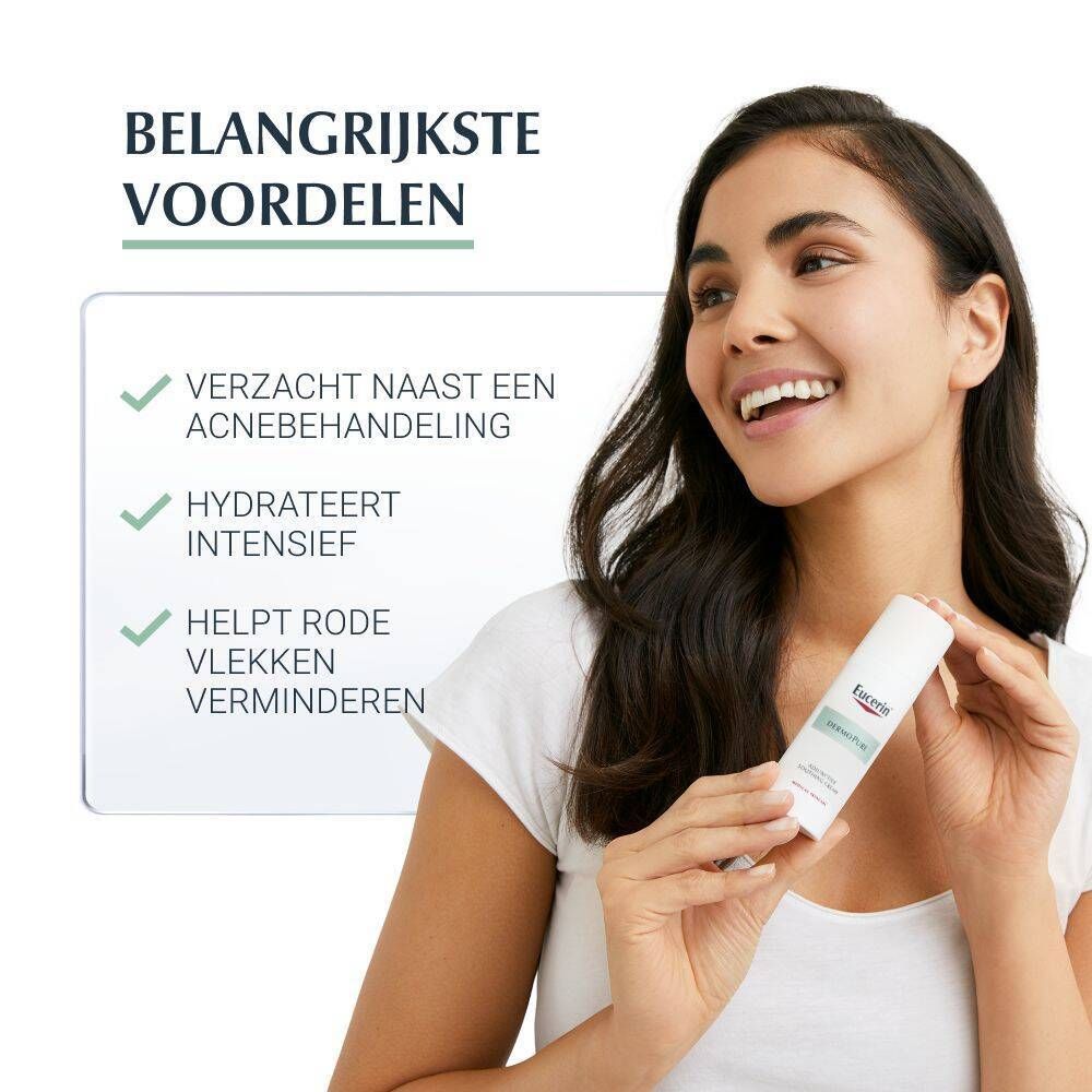 Vrouw houdt Eucerin DermoPure Hydra crème vast. Tekst: Verzacht, hydrateert, helpt rode vlekken verminderen.