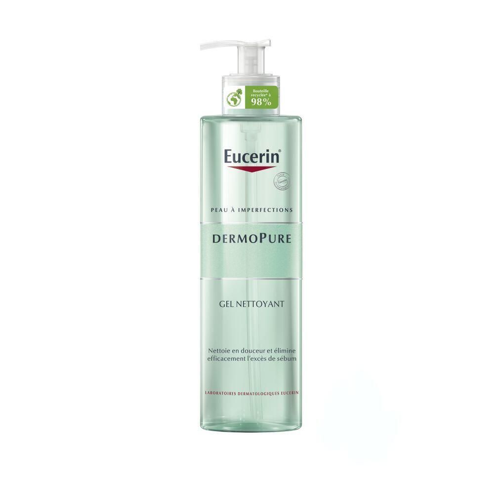 Flacon transparent Eucerin DermoPure Gel Nettoyant avec pompe. Inscription: Eucerin, DermoPure, Gel Nettoyant.
