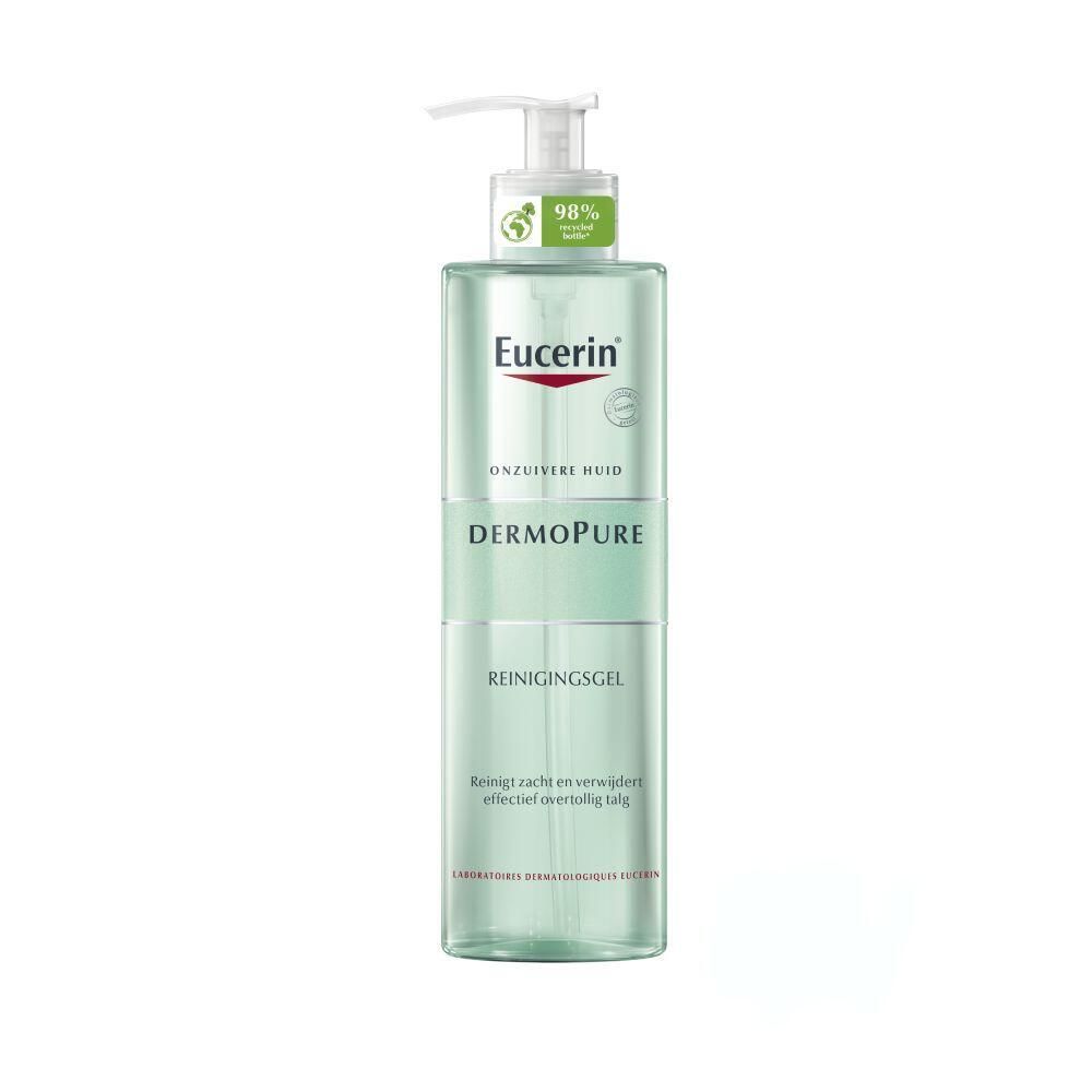 Eucerin DermoPure Reinigingsgel. Transparante fles met pomp. Opschrift: Eucerin, Onzuivere huid, DermoPure, Reinigingsgel.