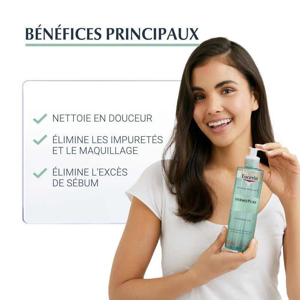 Femme tenant Eucerin DermoPure Gel Limpiador. Texte: Nettoie en douceur, élimine les impuretés et le maquillage, élimine l'excès de sébum.