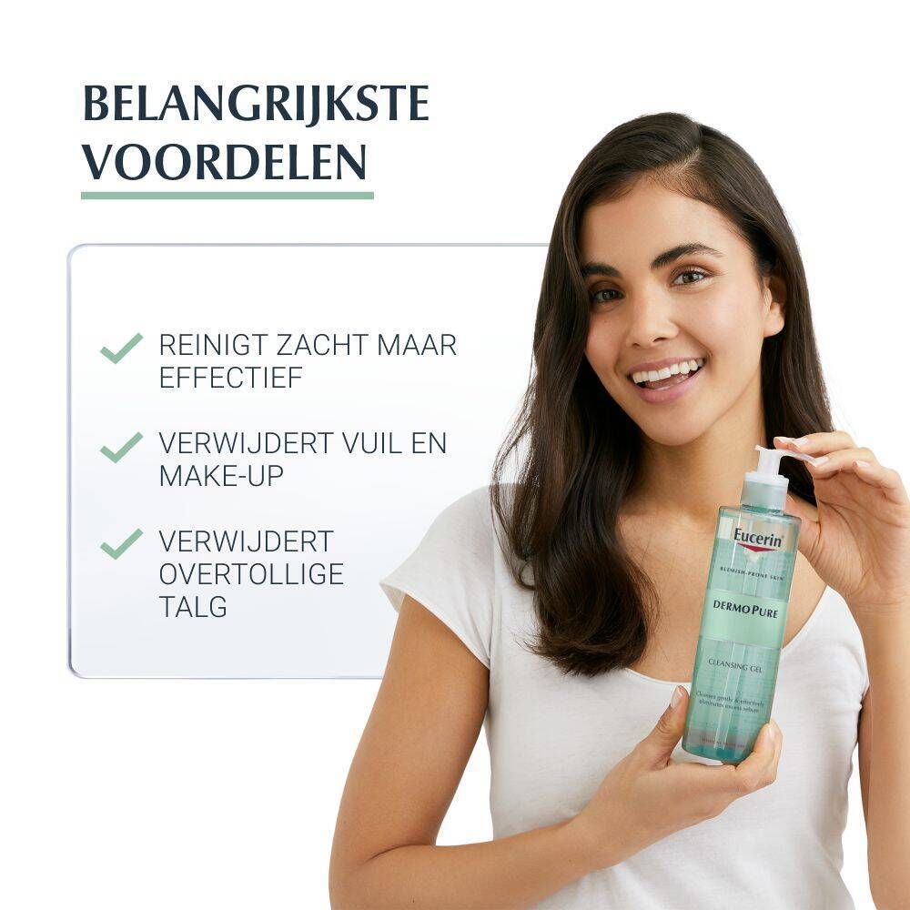 Vrouw houdt Eucerin DermoPure Reinigingsgel vast. Tekst: Reinigt zacht maar effectief, verwijdert vuil en make-up, verwijdert overtollige talg.