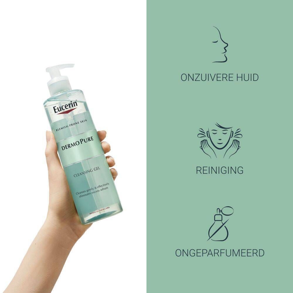 Hand houdt Eucerin DermoPure Cleansing Gel vast. Tekst: Onzuivere huid, Reiniging, Ongeparfumeerd.