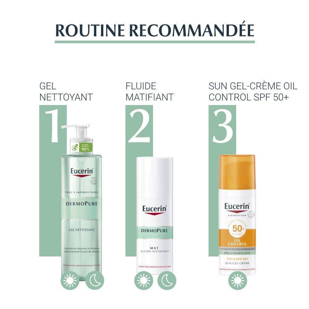 Routine recommandée: Eucerin DermoPure Gel Nettoyant, Fluide Matifiant, Sun Gel-Crème Oil Control SPF 50+.