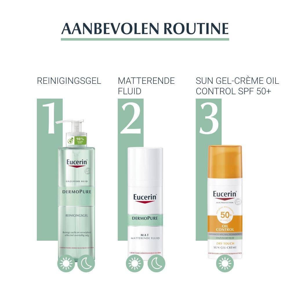 Aanbevolen routine: Reinigingsgel, Matterende Fluid, Sun Gel-Crème Oil Control SPF 50+.