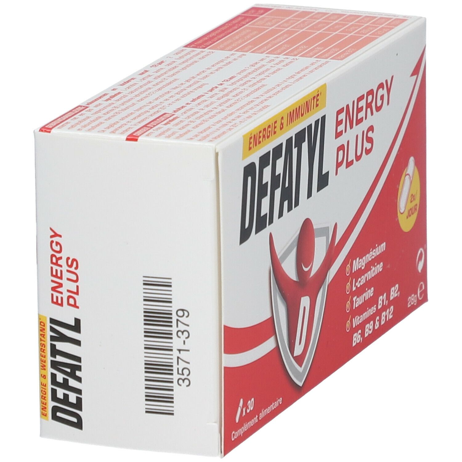 Defatyl Energy Plus capsules verpakking, schuin. Witte doos met rode tekst en logo. Barcode en productinfo.