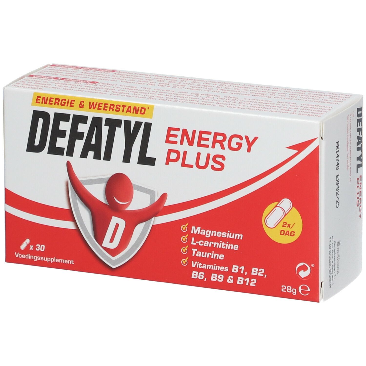 Verpakking Defatyl Energy Plus capsules. Witte doos met rode tekst en logo. Bevat 30 capsules.