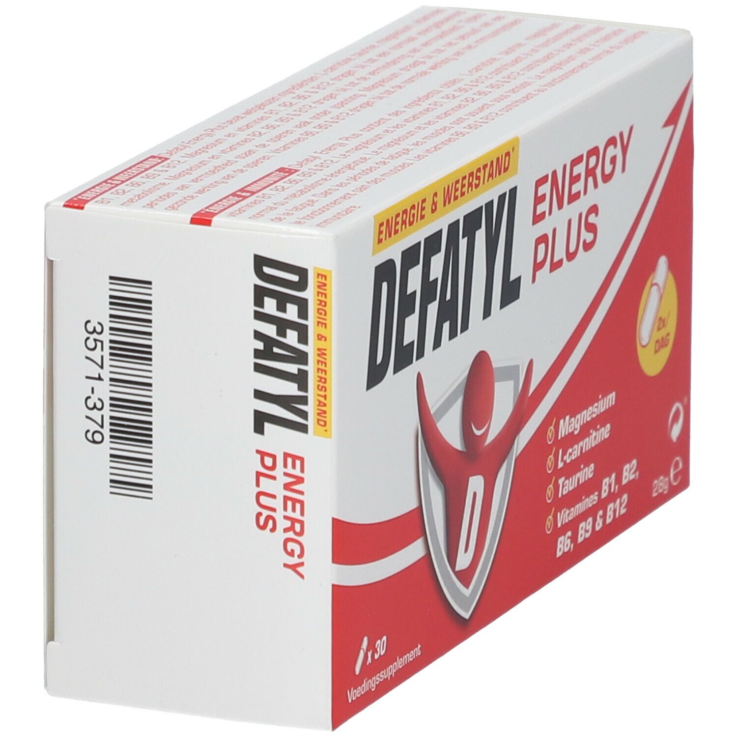 Defatyl Energy Plus capsules verpakking, schuin. Witte doos met rode tekst en logo. Barcode en productinfo.