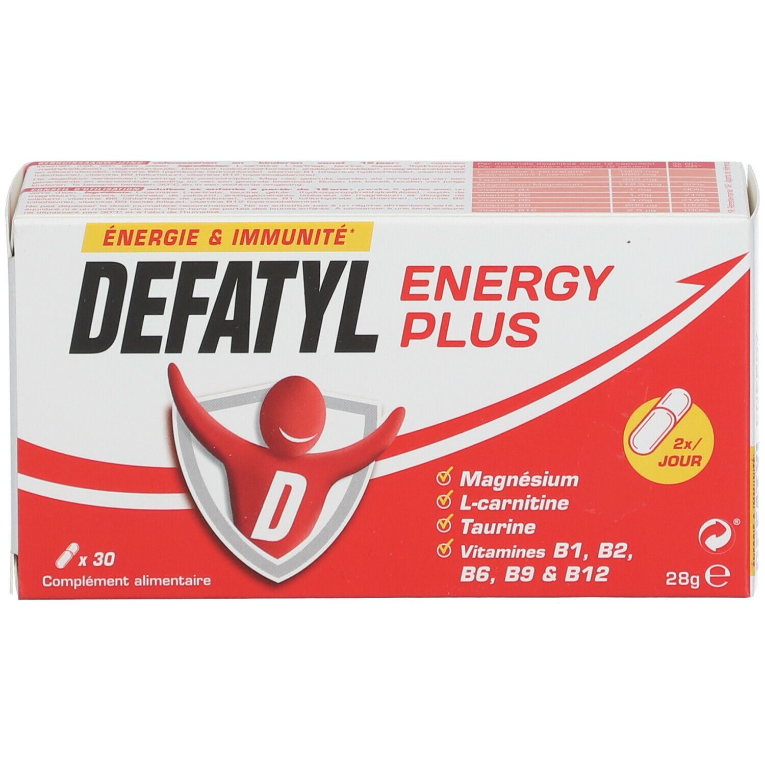 Verpakking Defatyl Energy Plus capsules. Witte doos met rode tekst en logo. Bevat 30 capsules.