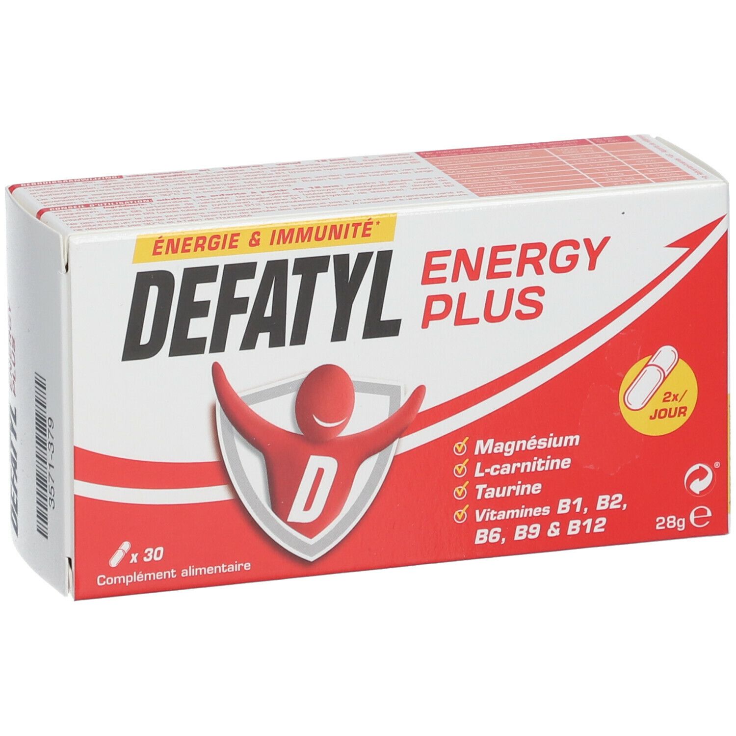 Verpakking Defatyl Energy Plus capsules. Witte doos met rode tekst en logo. Bevat 30 capsules.