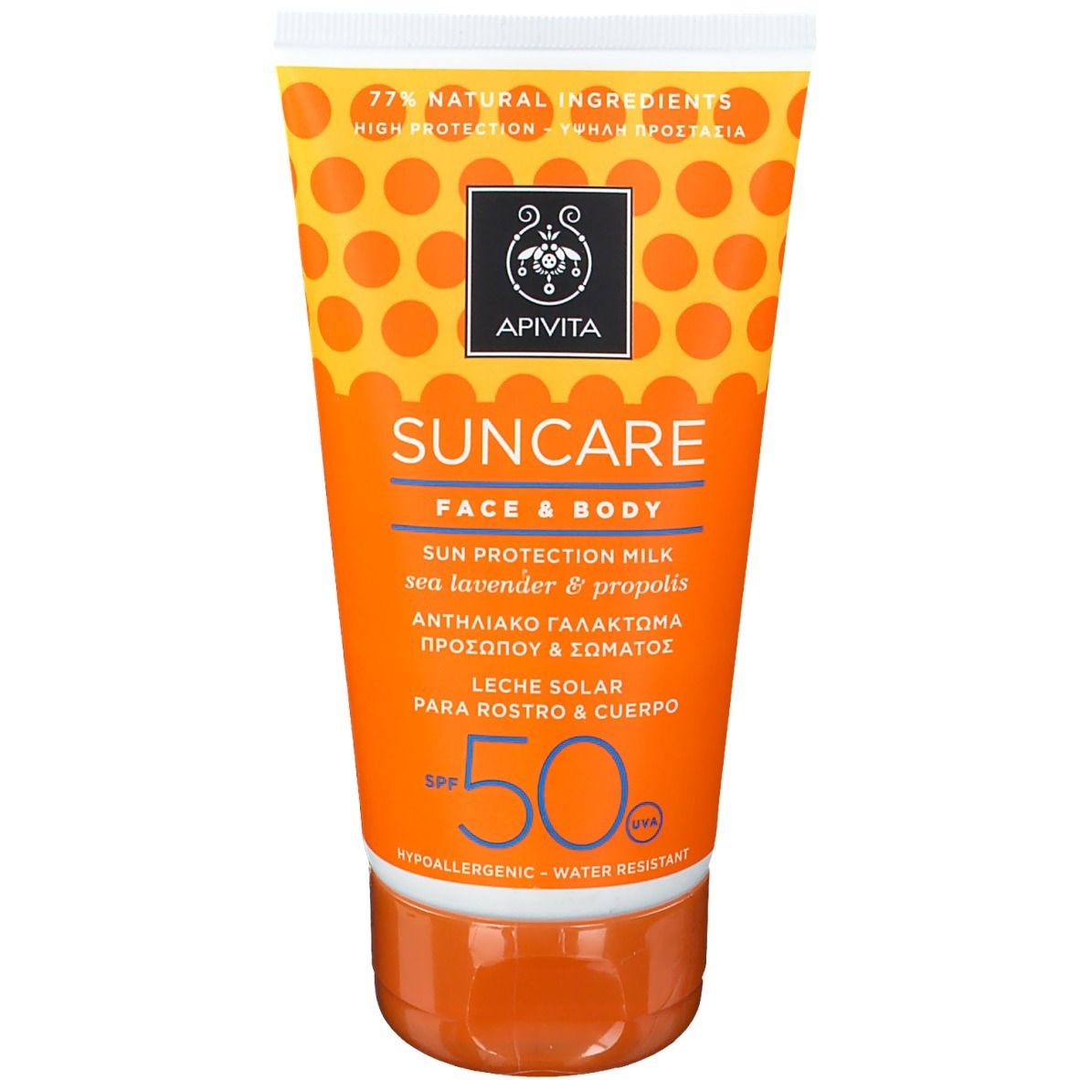Apivita Suncare zonnecrèmetube LSF 50. Oranje ontwerp met gele stippen. Opschrift 'Face & Body' en merklogo.