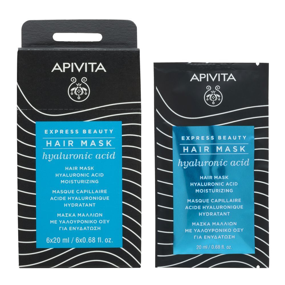 Masque capillaire APIVITA Express Beauty et emballage. Sachet noir, texte bleu. Contient de l'acide hyaluronique.