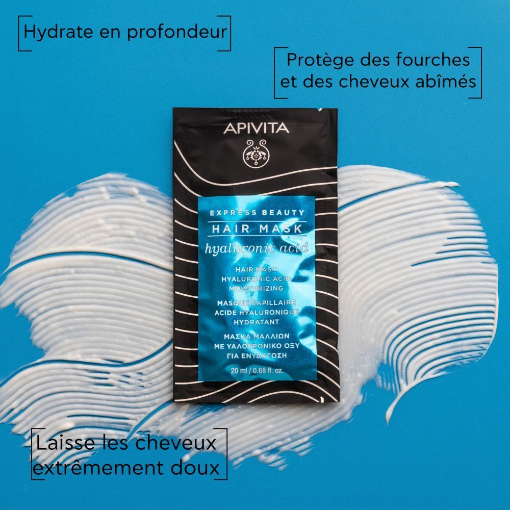 Masque capillaire APIVITA Express Beauty sur fond bleu. Texte : Hydratation, protège les pointes.