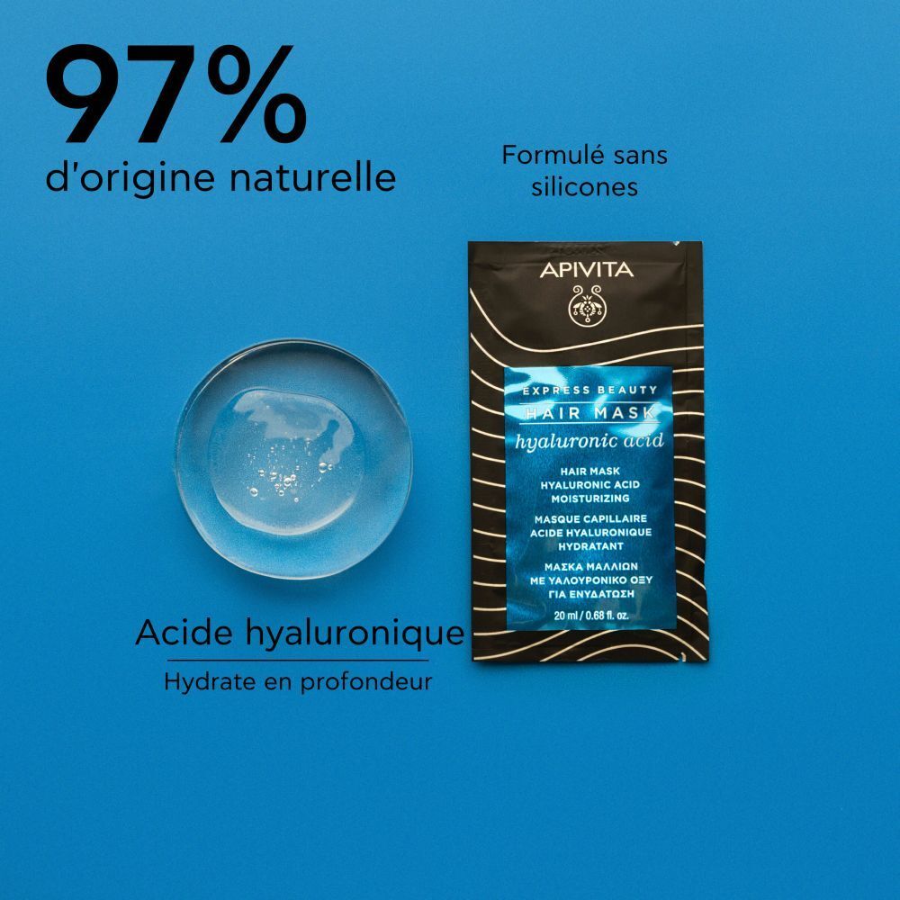 Masque capillaire APIVITA Express Beauty et ingrédients sur fond bleu. 97% d'origine naturelle.