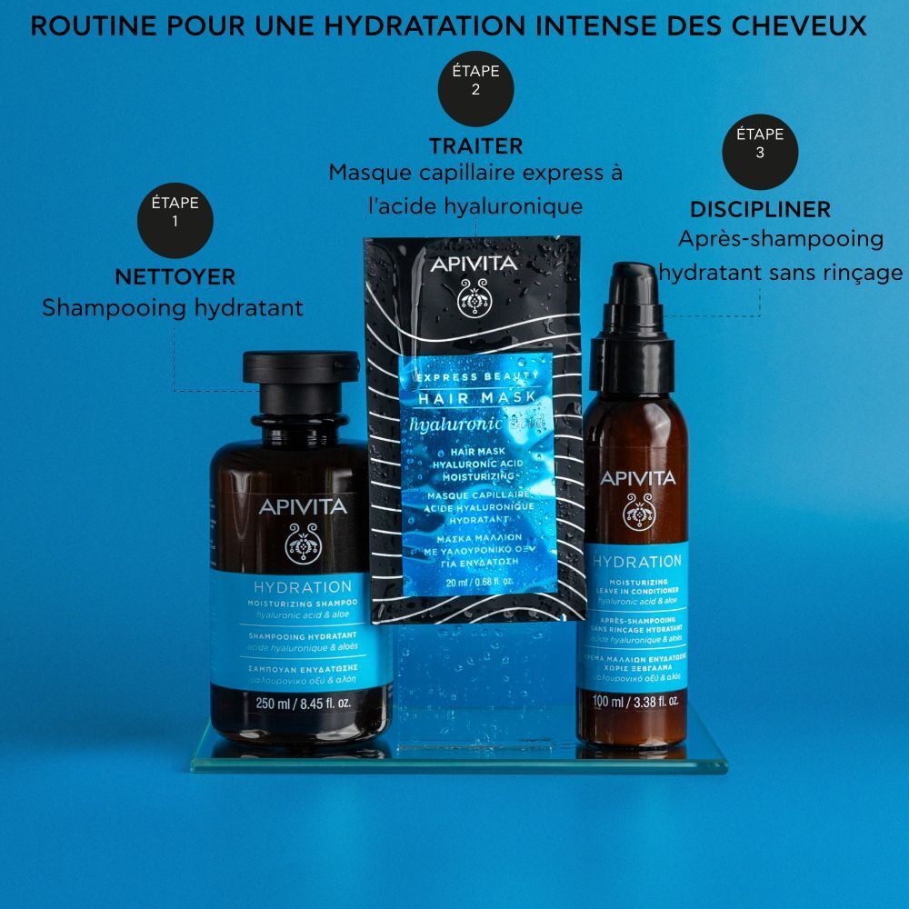 Routine capillaire APIVITA avec shampooing, masque et après-shampooing sans rinçage. Sur fond bleu.