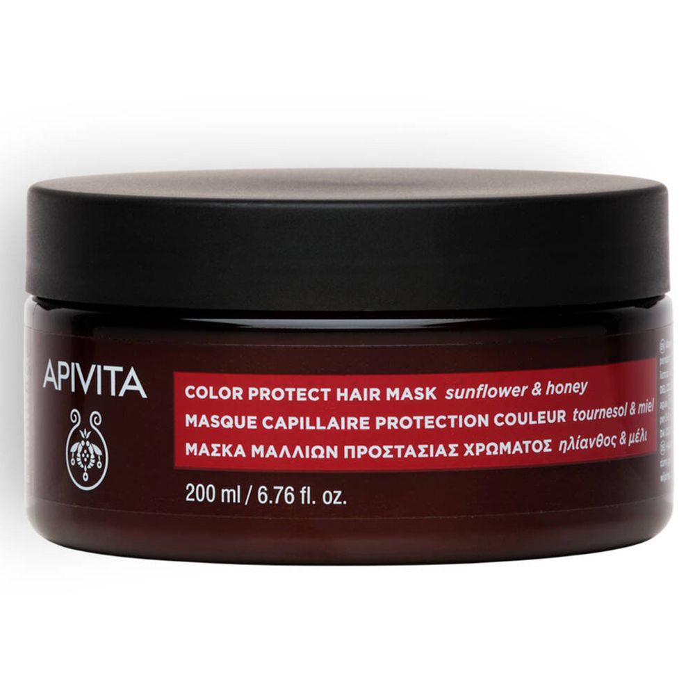 Bruine pot met zwart deksel. Opschrift: APIVITA, COLOR PROTECT HAIR MASK, zonnebloem & honing. 200 ml.