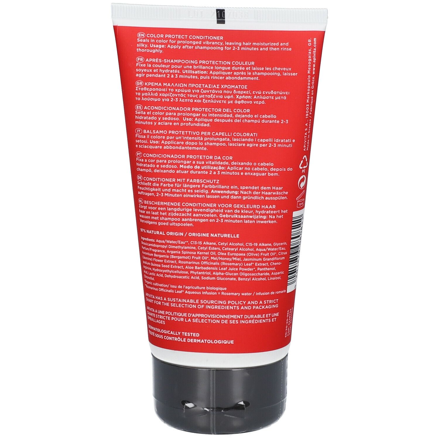 Rückseite der roten Tube. Text in mehreren Sprachen. Inhaltsstoffe und dermatologisch getestet.