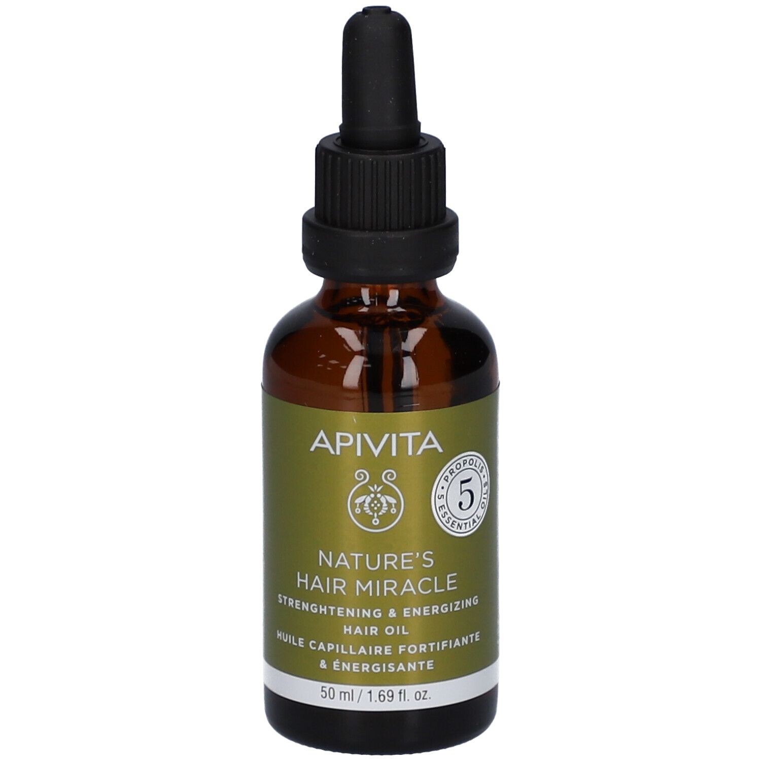 Apivita Nature's Hair Miracle Haaröl in brauner Glasflasche mit Pipette. 50 ml.