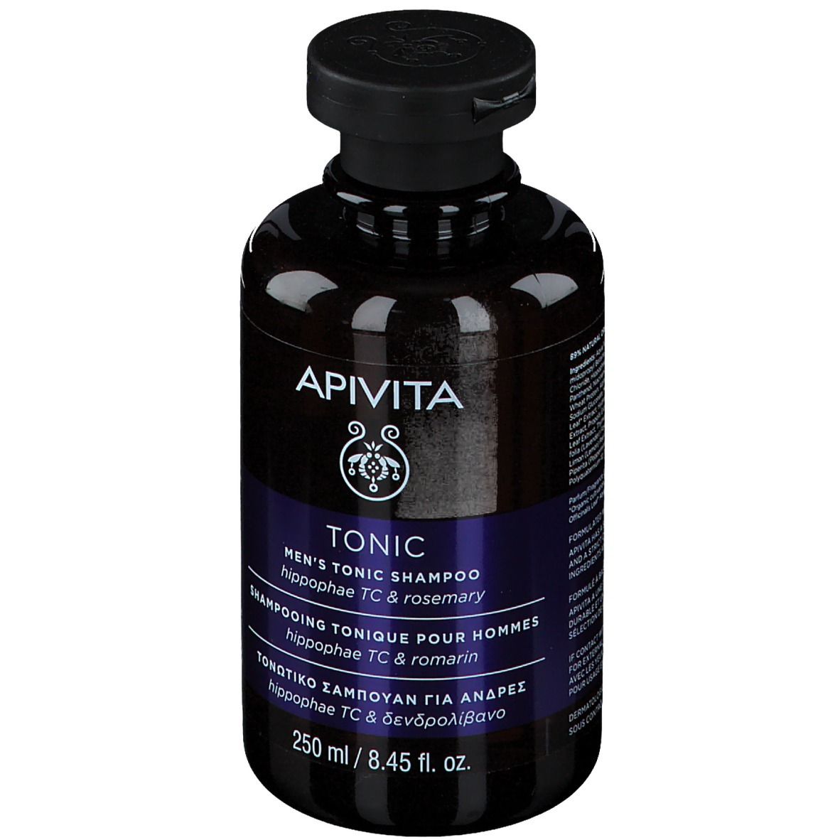 Flacon foncé avec bouchon noir. Étiquette avec nom du produit, marque et informations. 250 ml.