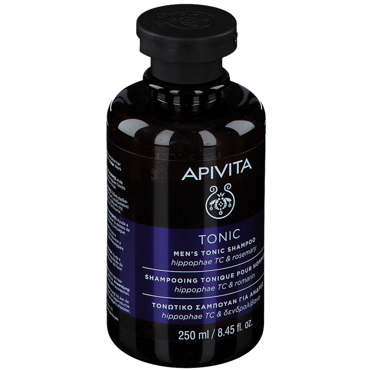 Flacon foncé avec bouchon noir. Étiquette avec nom du produit, marque et informations. 250 ml.