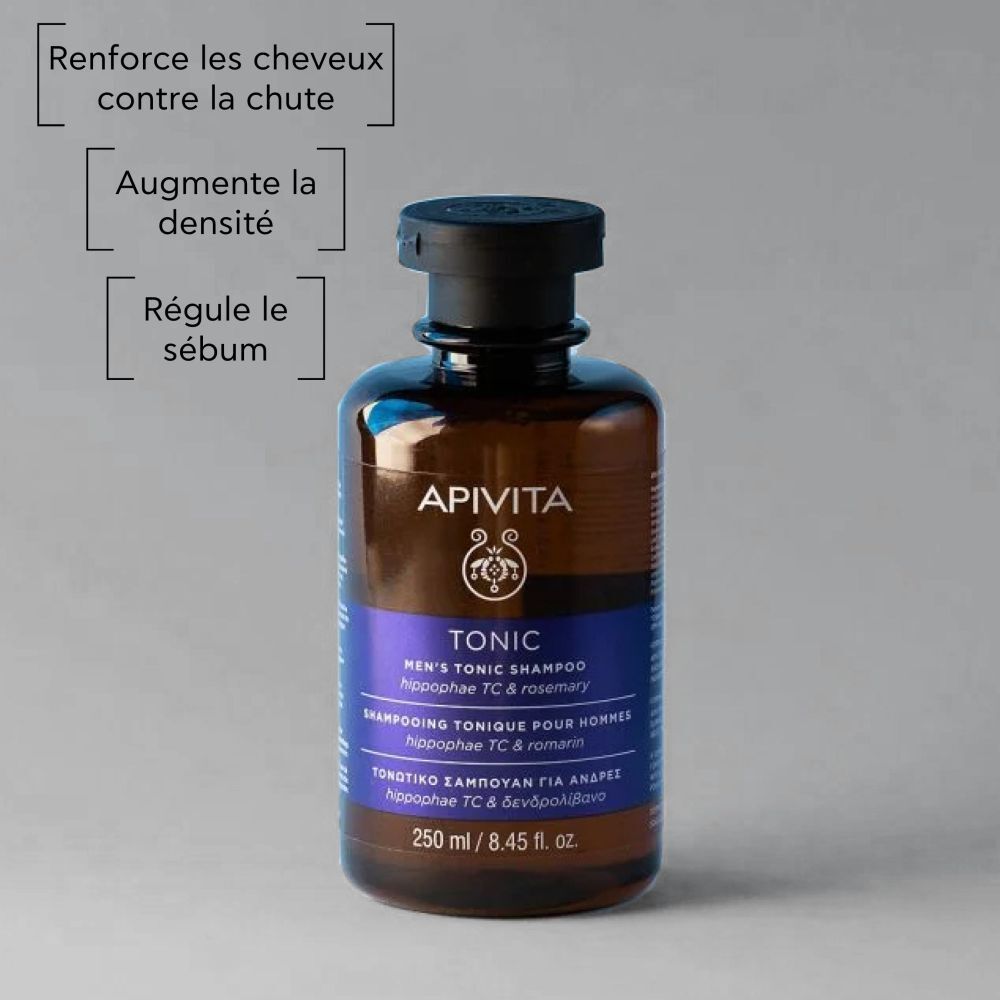 Produit avec texte: Renforce les cheveux, augmente la densité, régule le sébum.