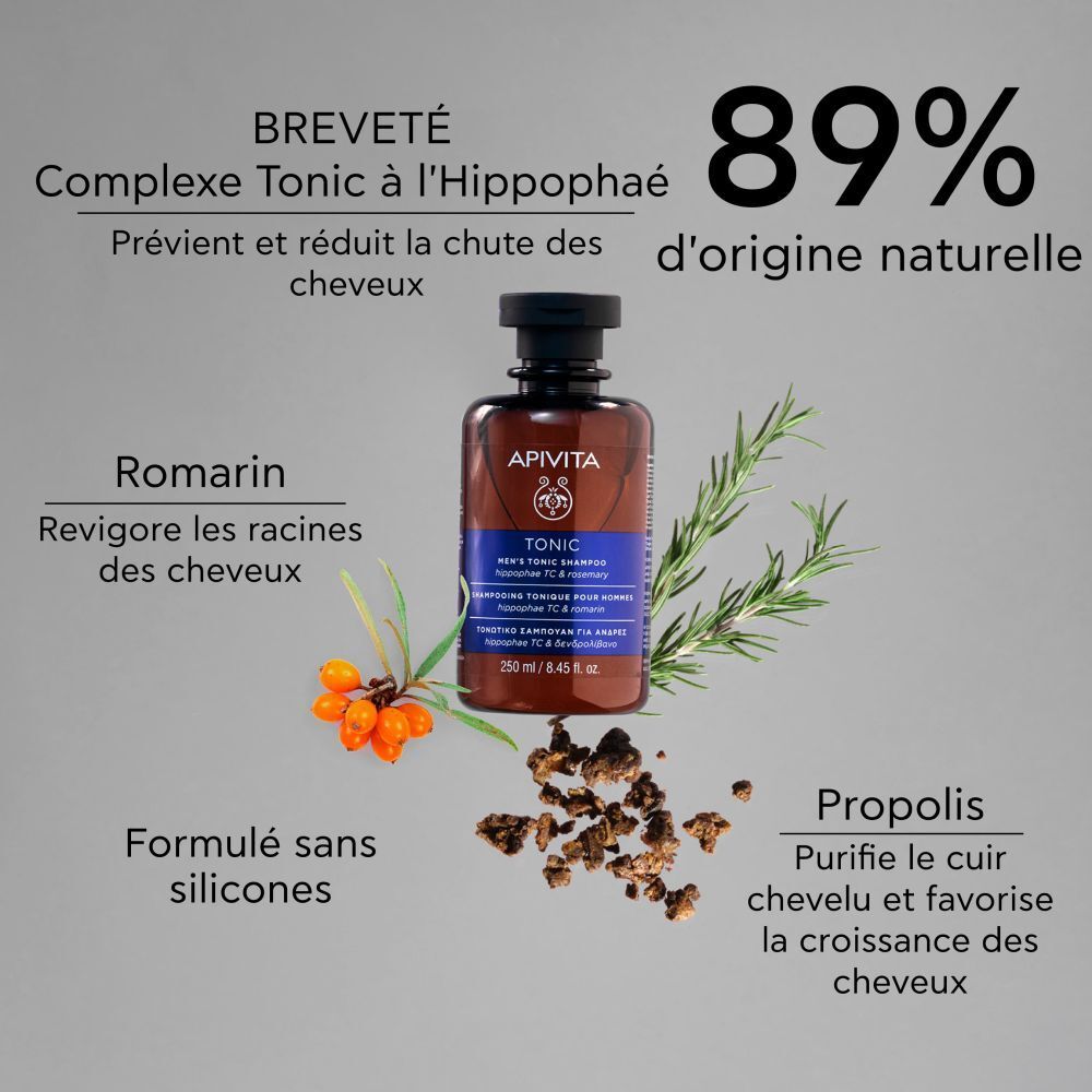 Produit avec texte et ingrédients: Romarin, Argousier, Propolis. 89% d'origine naturelle.