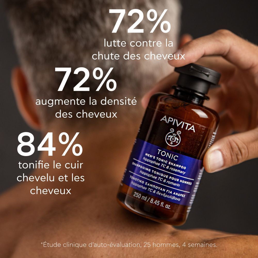 Produit avec texte: 72% lutte contre la chute, 72% augmente la densité, 84% tonifie le cuir chevelu.