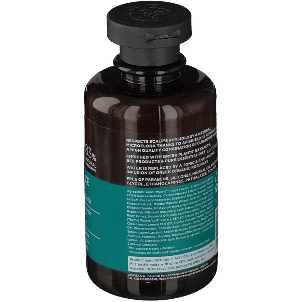Donkerbruine fles met zwarte dop. Opschrift: Apivita, 83% natuurlijke ingrediënten. Tekst in het Engels en Grieks.