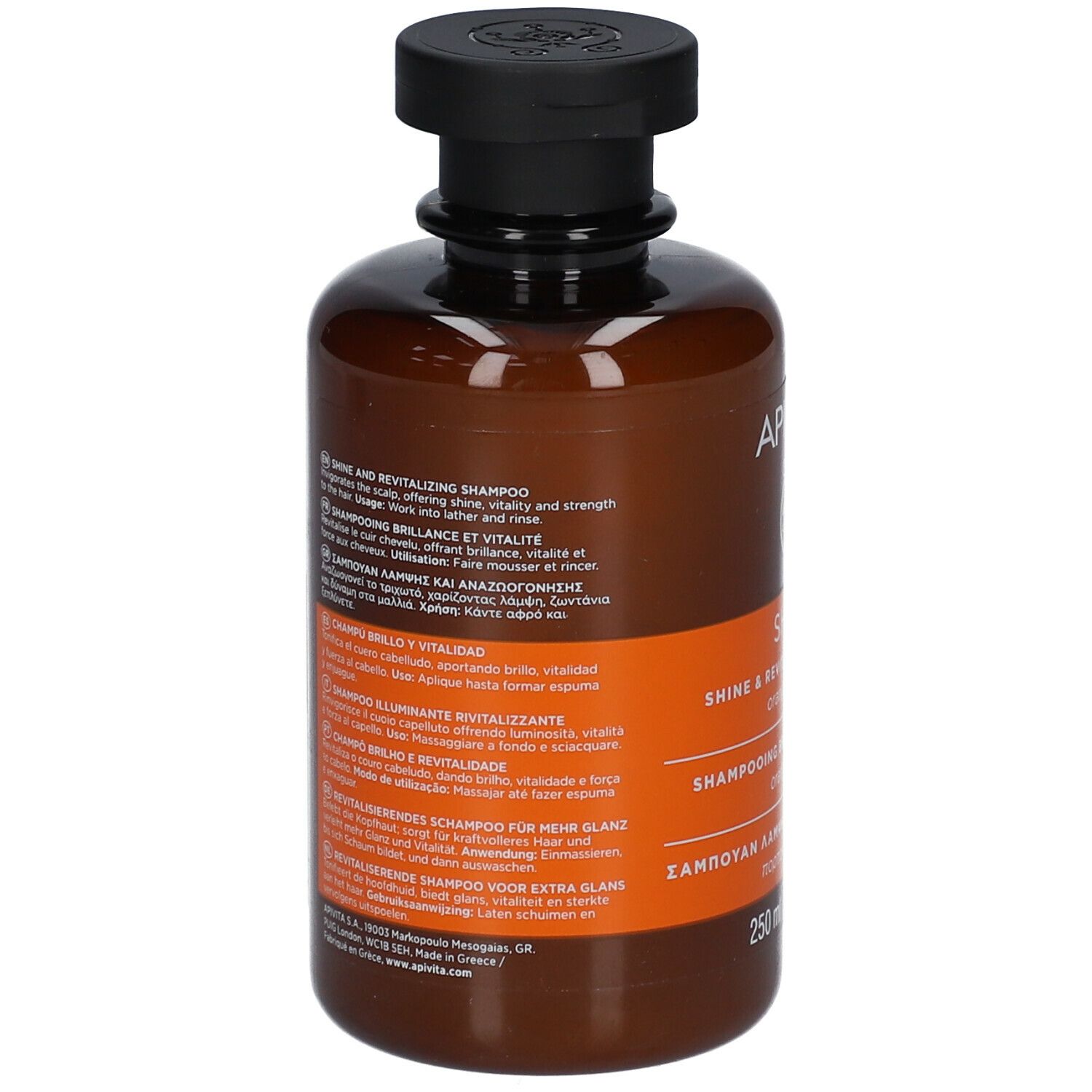 Rückseite der Shampoo-Flasche. Text in mehreren Sprachen. Inhaltsstoffe und Informationen zum Produkt.