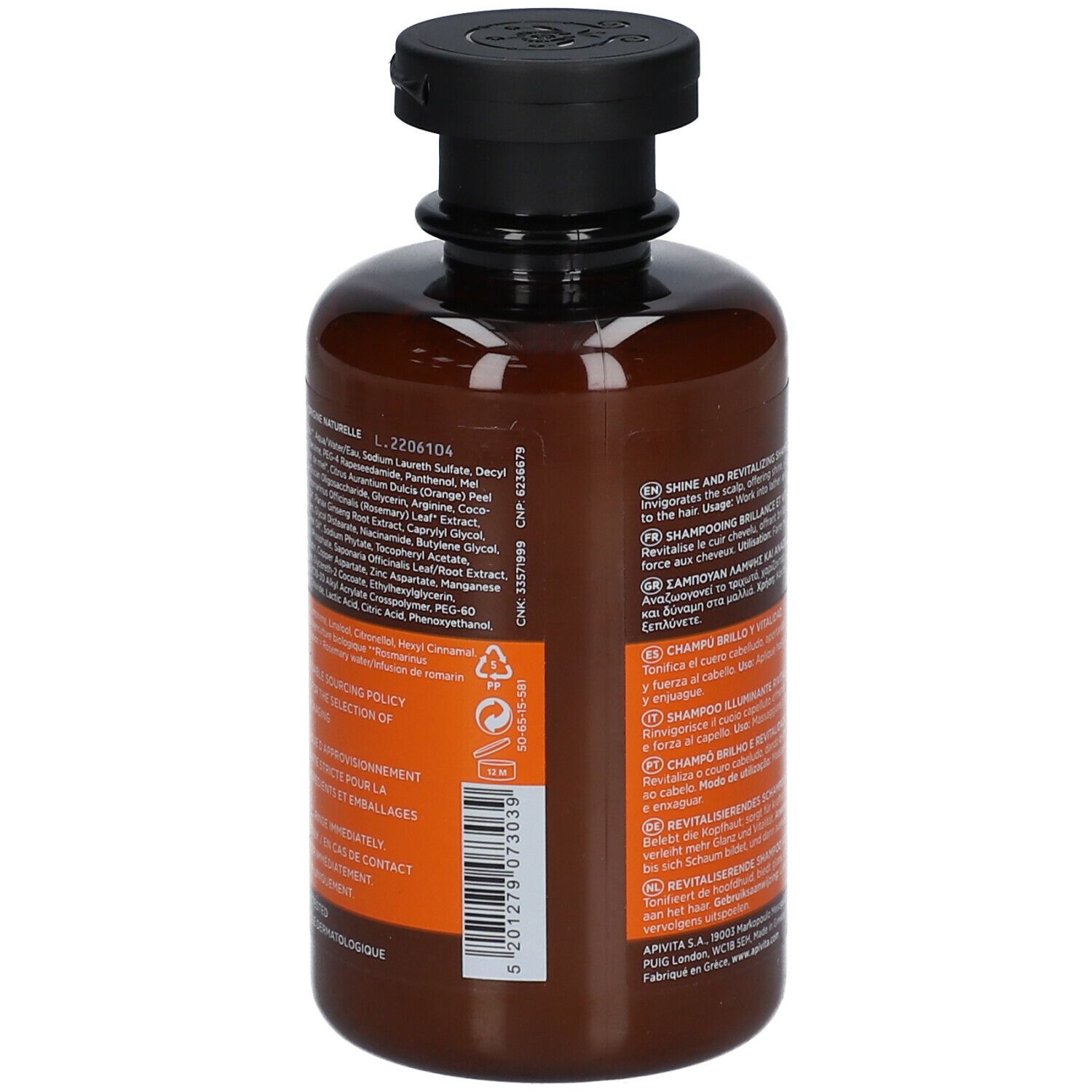 Rückseite der Shampoo-Flasche. Text in mehreren Sprachen. Inhaltsstoffe und Informationen zum Produkt.