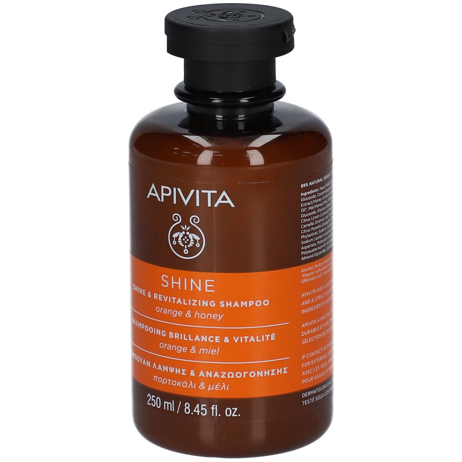 Braune Shampoo-Flasche. Schwarzer Deckel. Aufschrift: APIVITA SHINE. Orange & Honig. 250 ml.