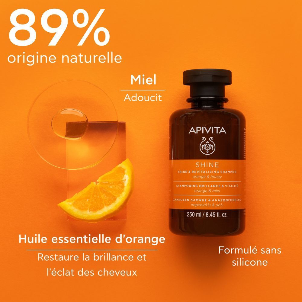 Ingrédients du produit. Flacon de shampooing, tranche d'orange, miel. Texte: APIVITA SHINE. 89% origine naturelle.
