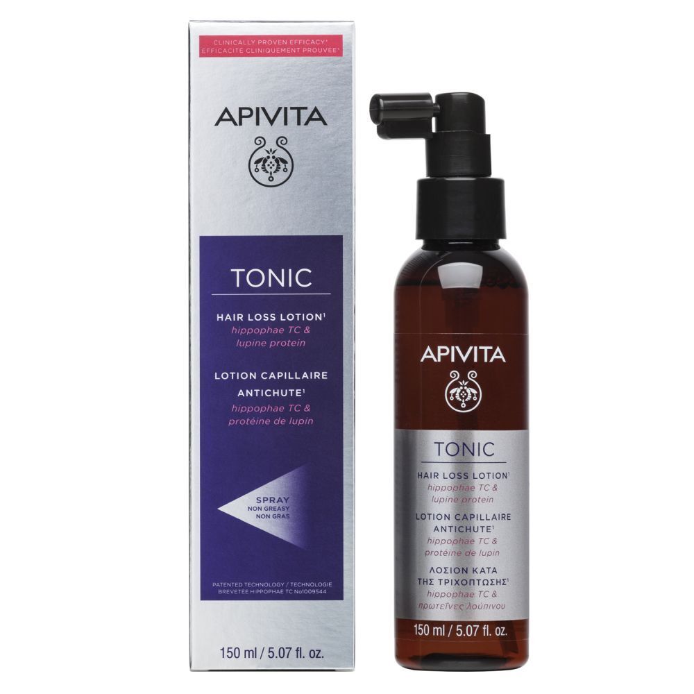Emballage du produit avec flacon et boîte. Inscriptions: APIVITA, TONIC, Hair Loss Lotion.