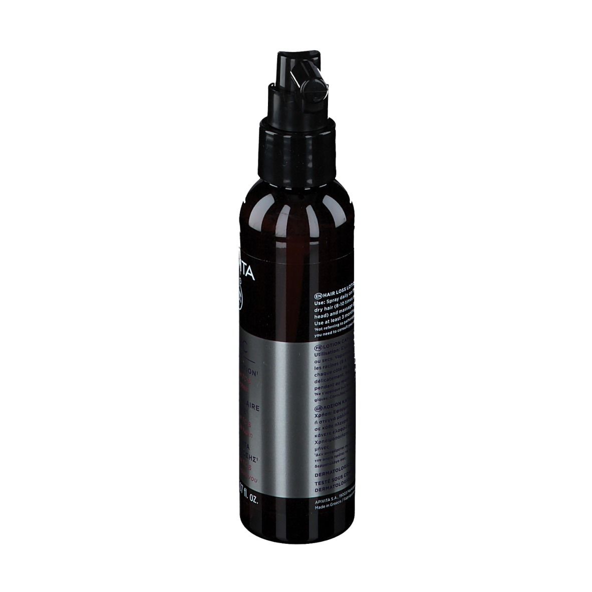 Flacon marron avec pompe noire. Inscriptions: APIVITA, TONIC, Hair Loss Lotion.