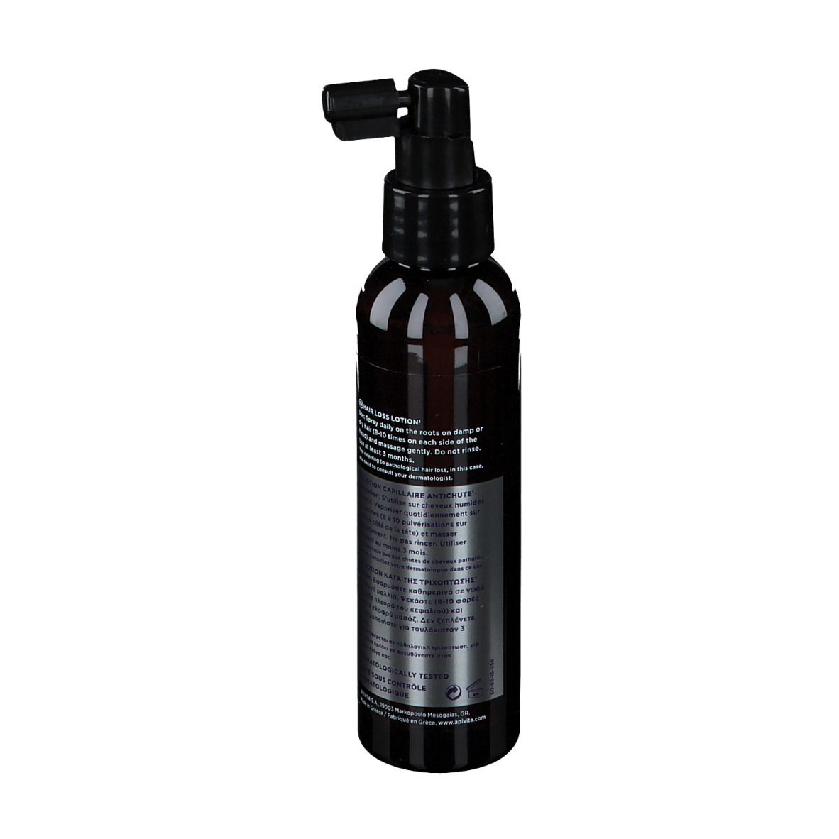Flacon marron avec pompe noire. Inscriptions: APIVITA, TONIC, Hair Loss Lotion.
