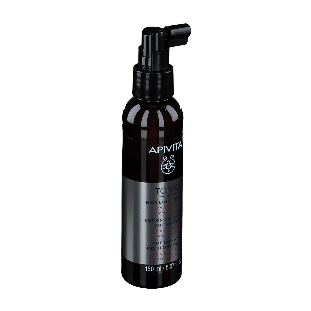 Flacon marron avec pompe noire. Inscriptions: APIVITA, TONIC, Hair Loss Lotion.