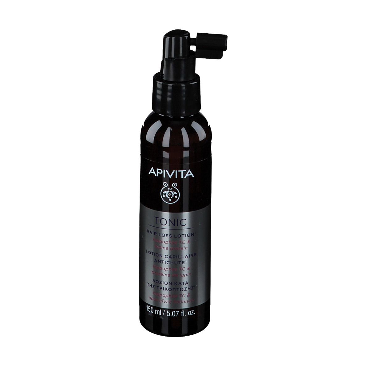 Flacon marron avec pompe noire. Inscriptions: APIVITA, TONIC, Hair Loss Lotion.