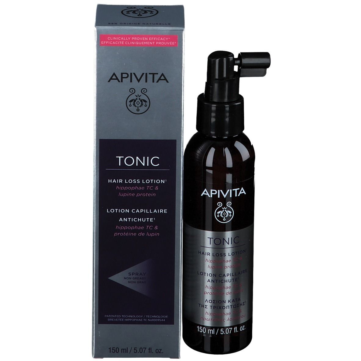 Emballage du produit avec flacon et boîte. Inscriptions: APIVITA, TONIC, Hair Loss Lotion.