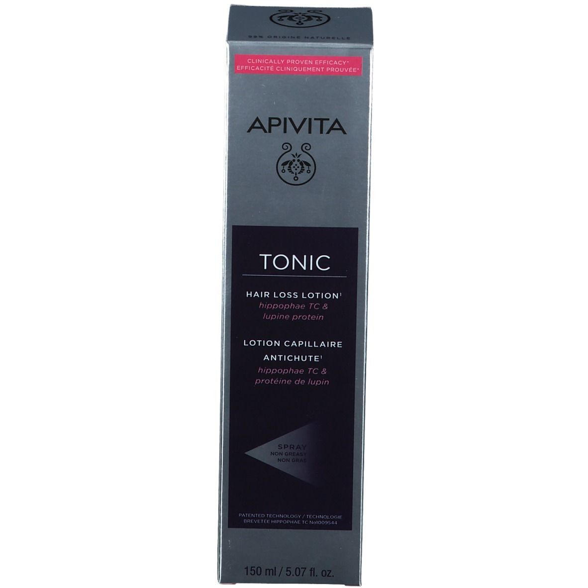 Emballage du produit avec flacon et boîte. Inscriptions: APIVITA, TONIC, Hair Loss Lotion.
