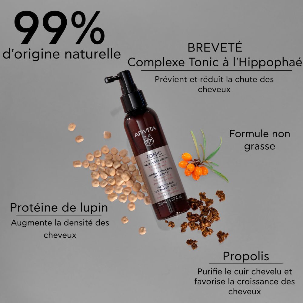Produit avec ingrédients. Inscriptions: APIVITA, TONIC, Hair Loss Lotion.