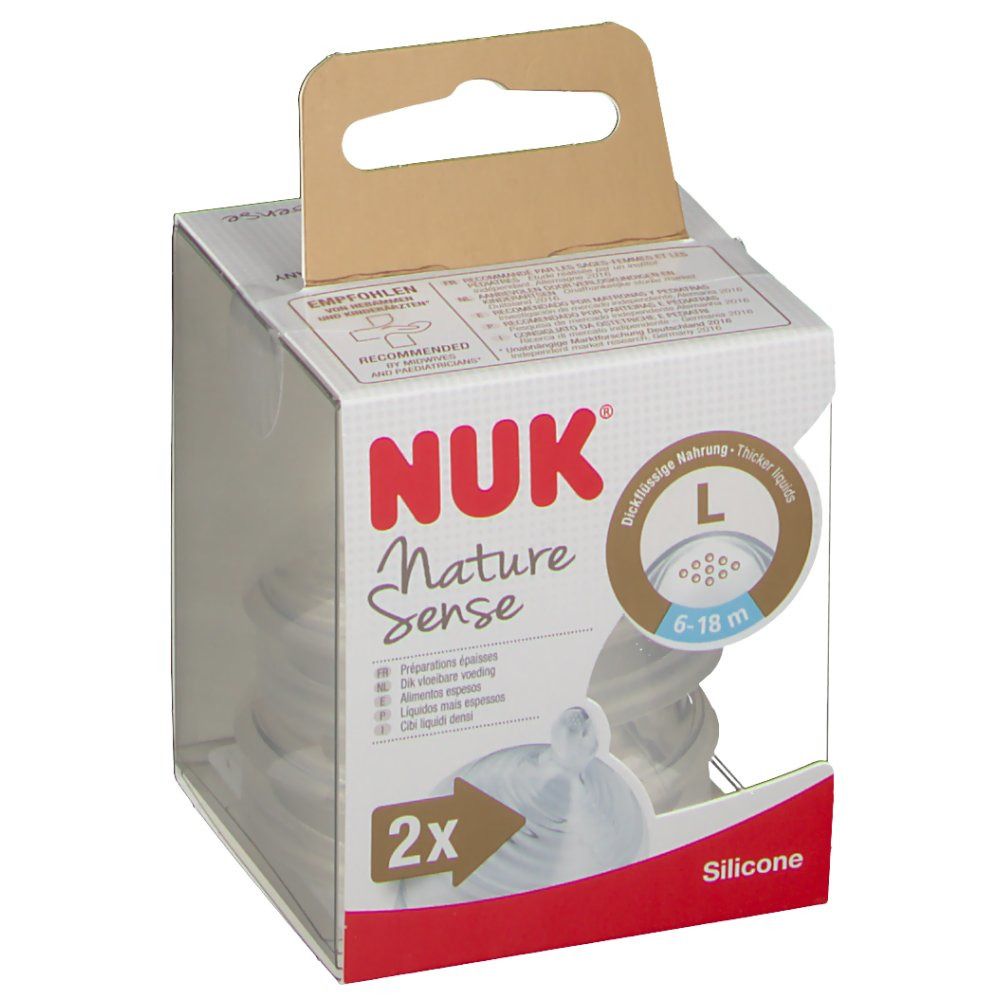 Paquet de deux tétines en silicone. Inscription: NUK Nature Sense, L, 6-18 m. Recommandé pour les liquides épais.